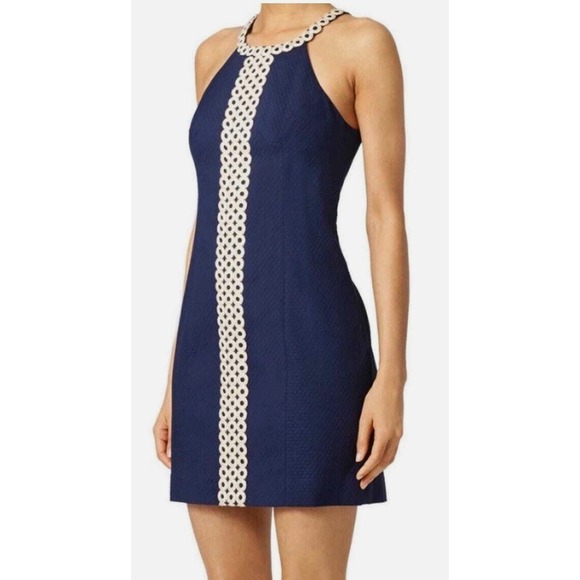 Lilly Pulitzer Sasha Shift Dress Halter Size 8 Navy Blue Metallic Gold Resort - Picture 3 of 15